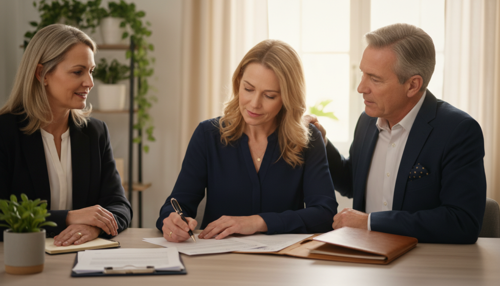 A mature family signing estate documents in a home office