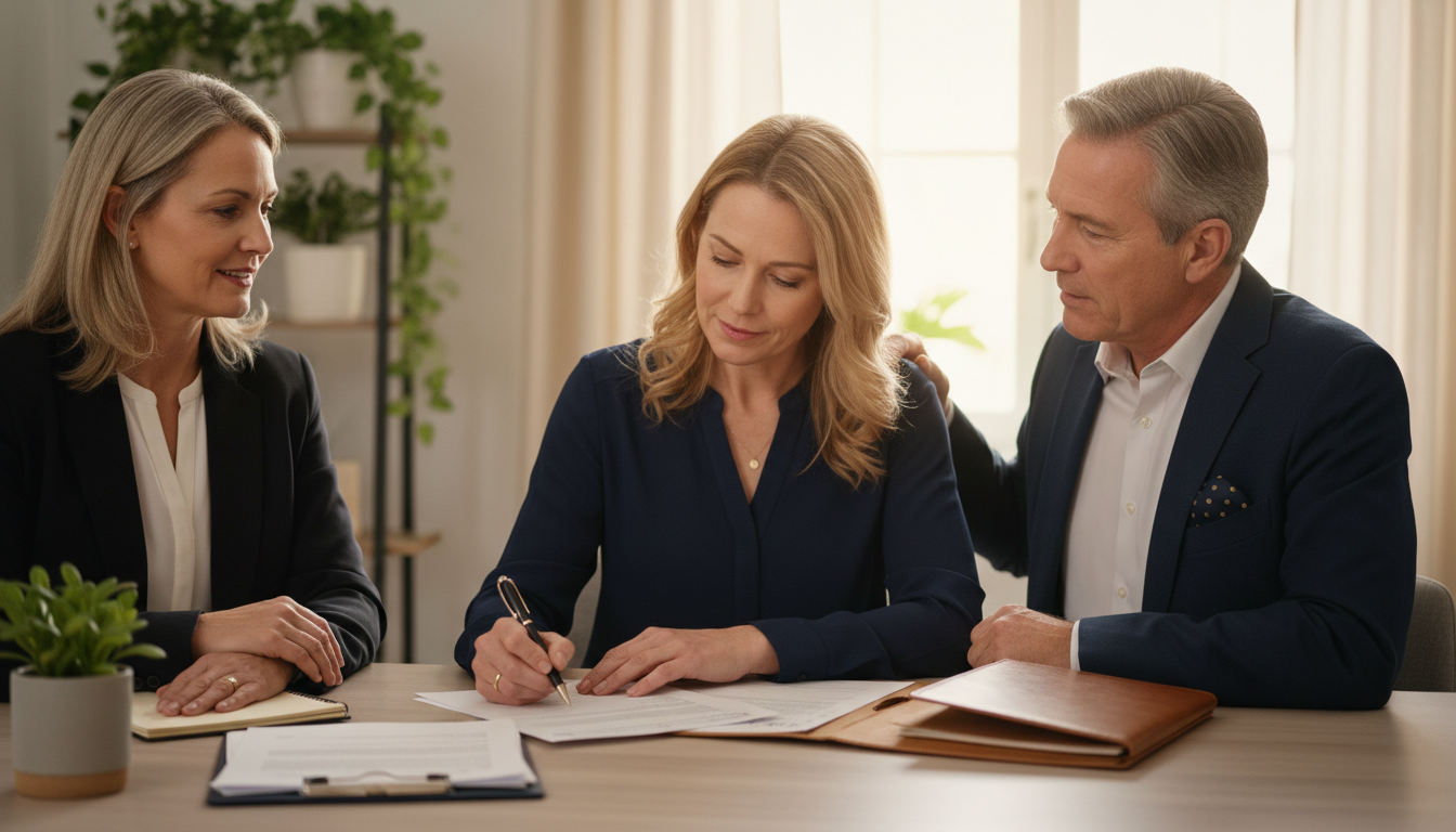 A mature family signing estate documents in a home office