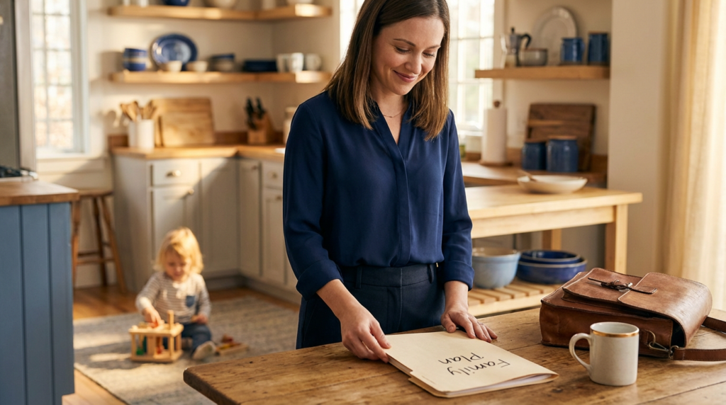 Parent closing a family plan in the kitchen