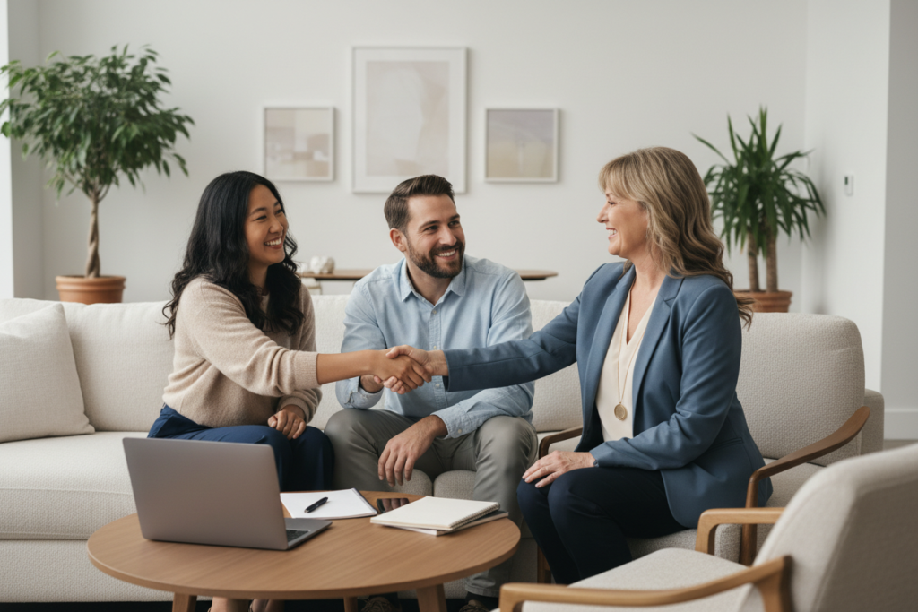 Parents with an advisor in their living room