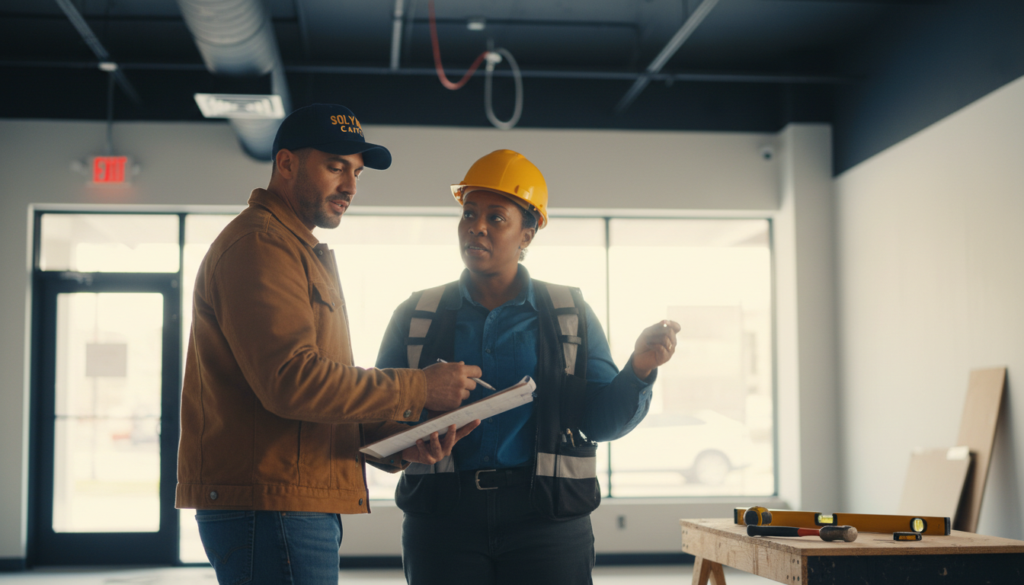 Partners reviewing permits for a retail unit