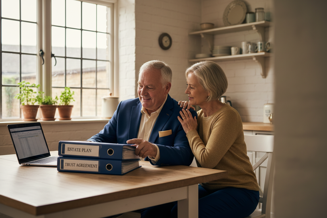 Senior couple estate planning at a dining table