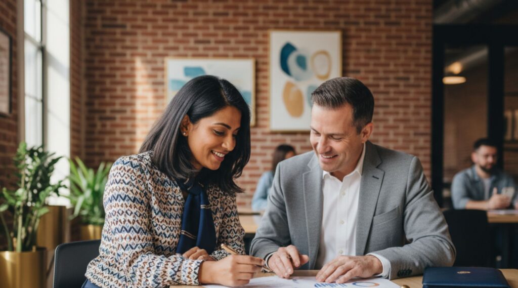 A business owner and advisor reviewing documents in a cafe
