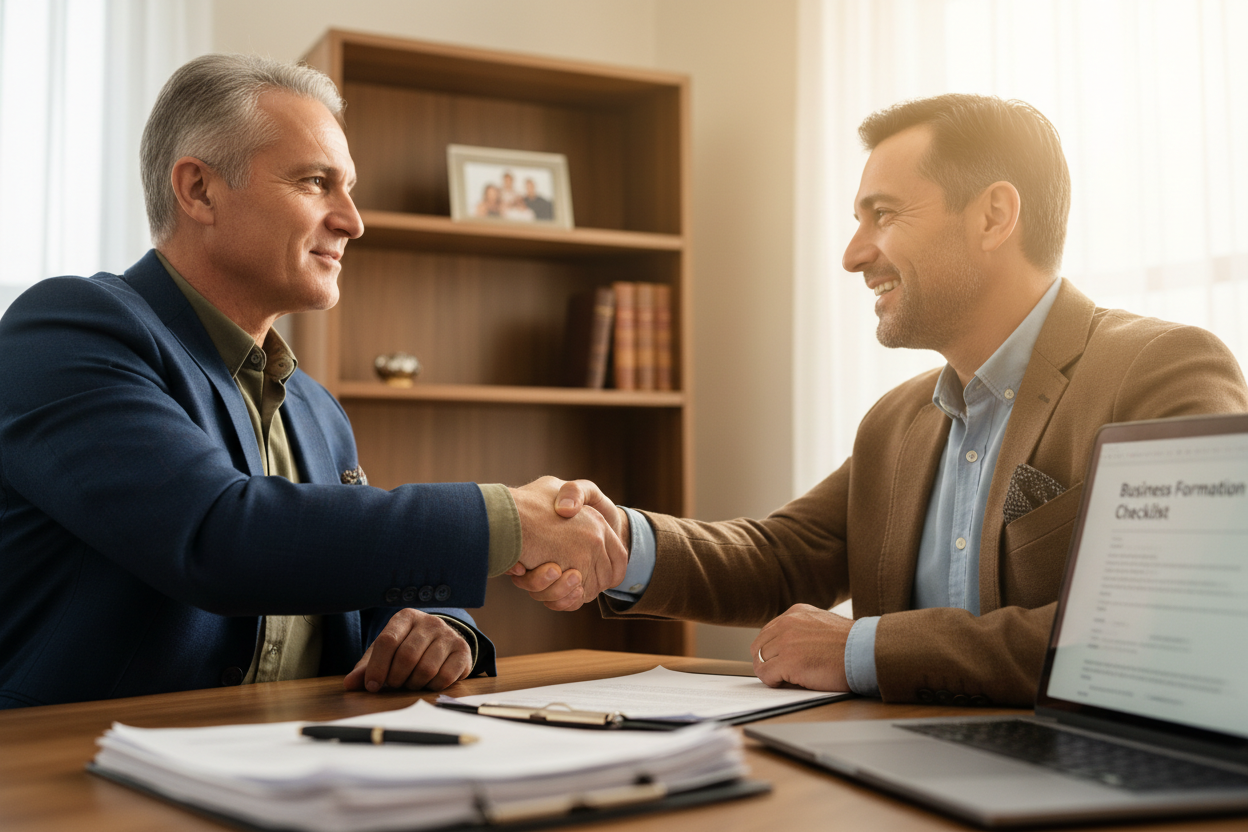 Business owner and attorney in a formal meeting