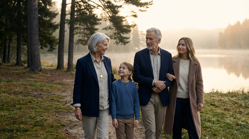 A multi-generational family walking by a lake