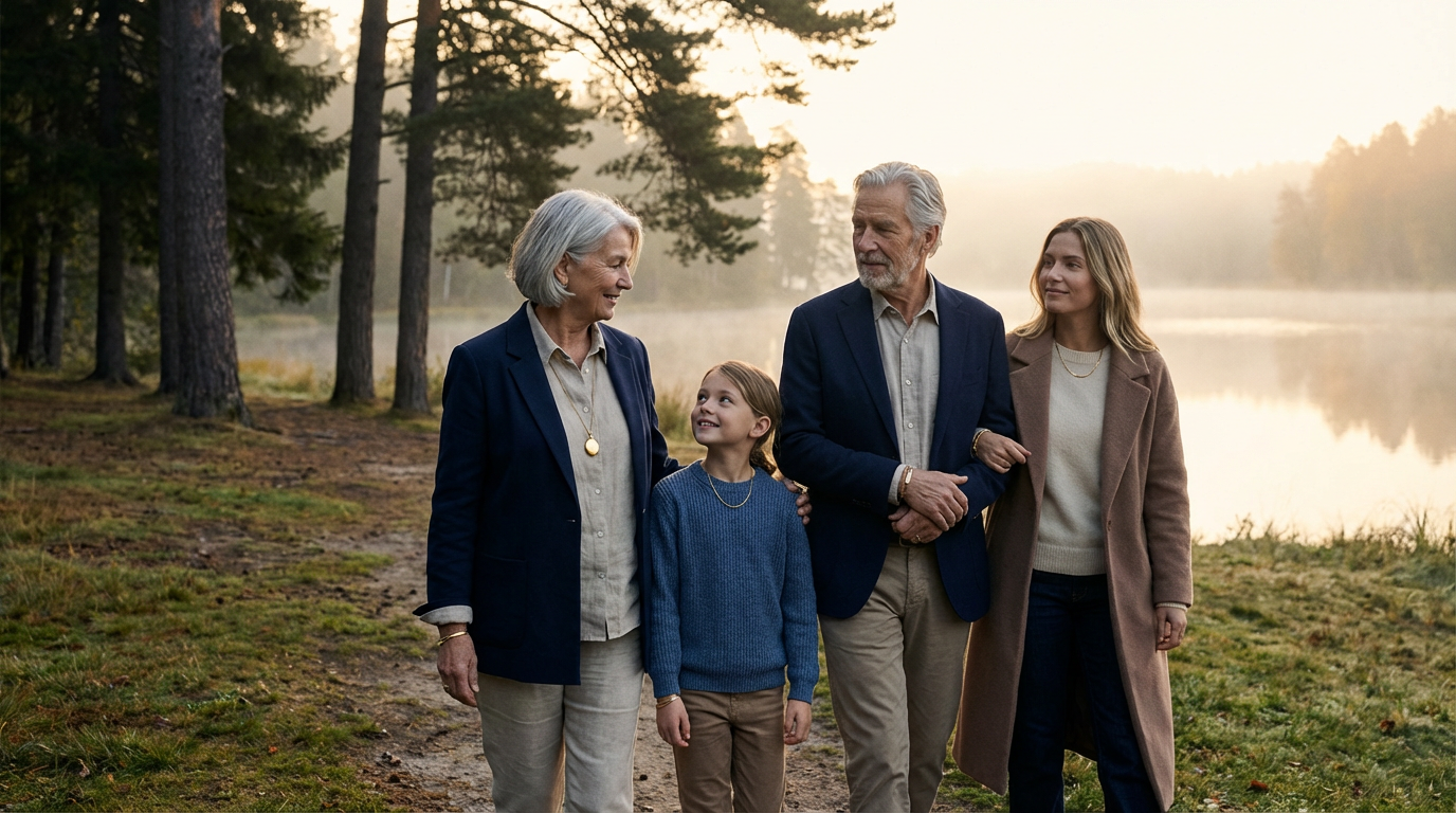 A multi-generational family walking by a lake