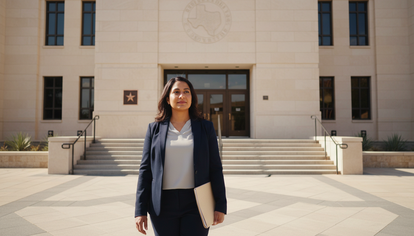 A client on modern texas courthouse stairs