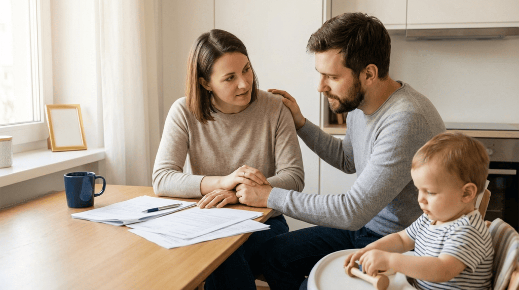 family-holding-hands-kitchen-table-paperwork