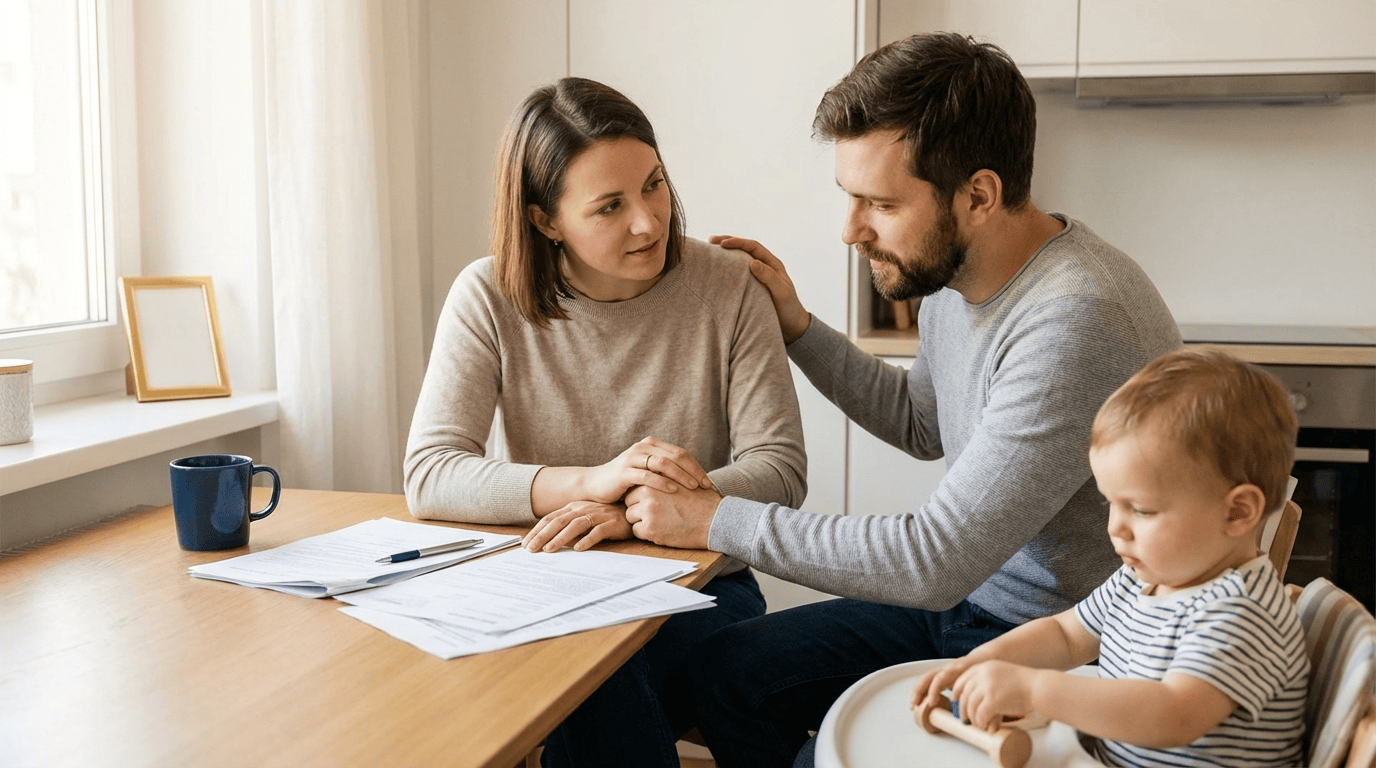 family-holding-hands-kitchen-table-paperwork