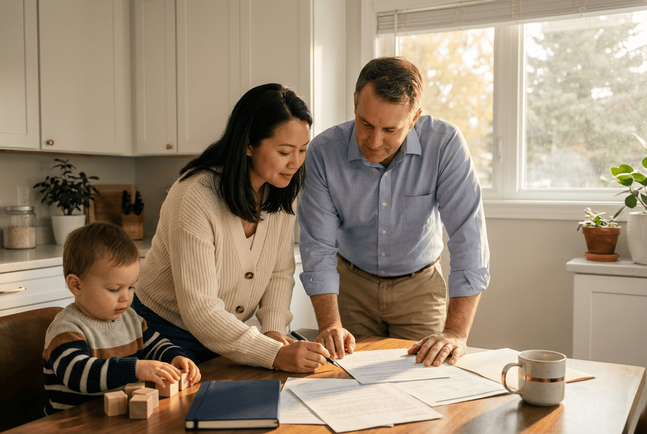 family-reviewing-documents-kitchen-table