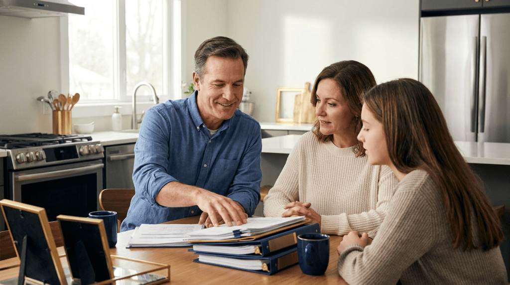 family-reviewing-documents-kitchen-table