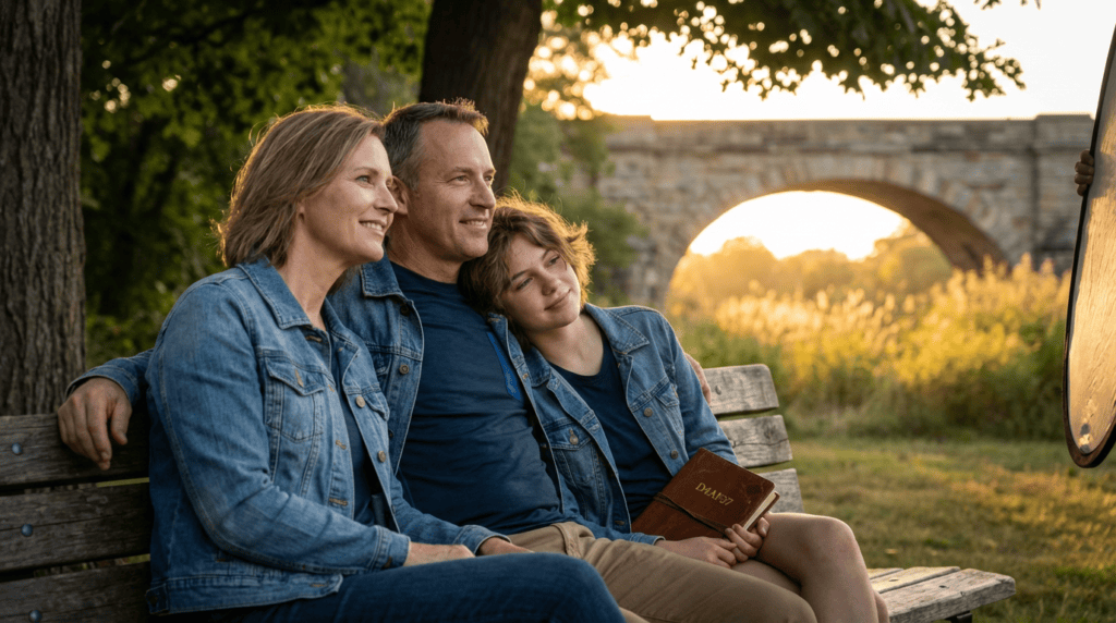 family of three sits on a park bench