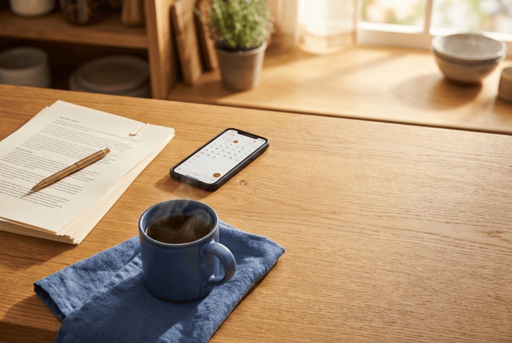 tidy-kitchen-table-documents-phone-tea
